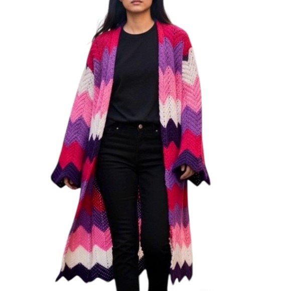 House of Martha Sweaters - Handmade Purples, Red, Pink, White Chevron Knit Women's Cadigan